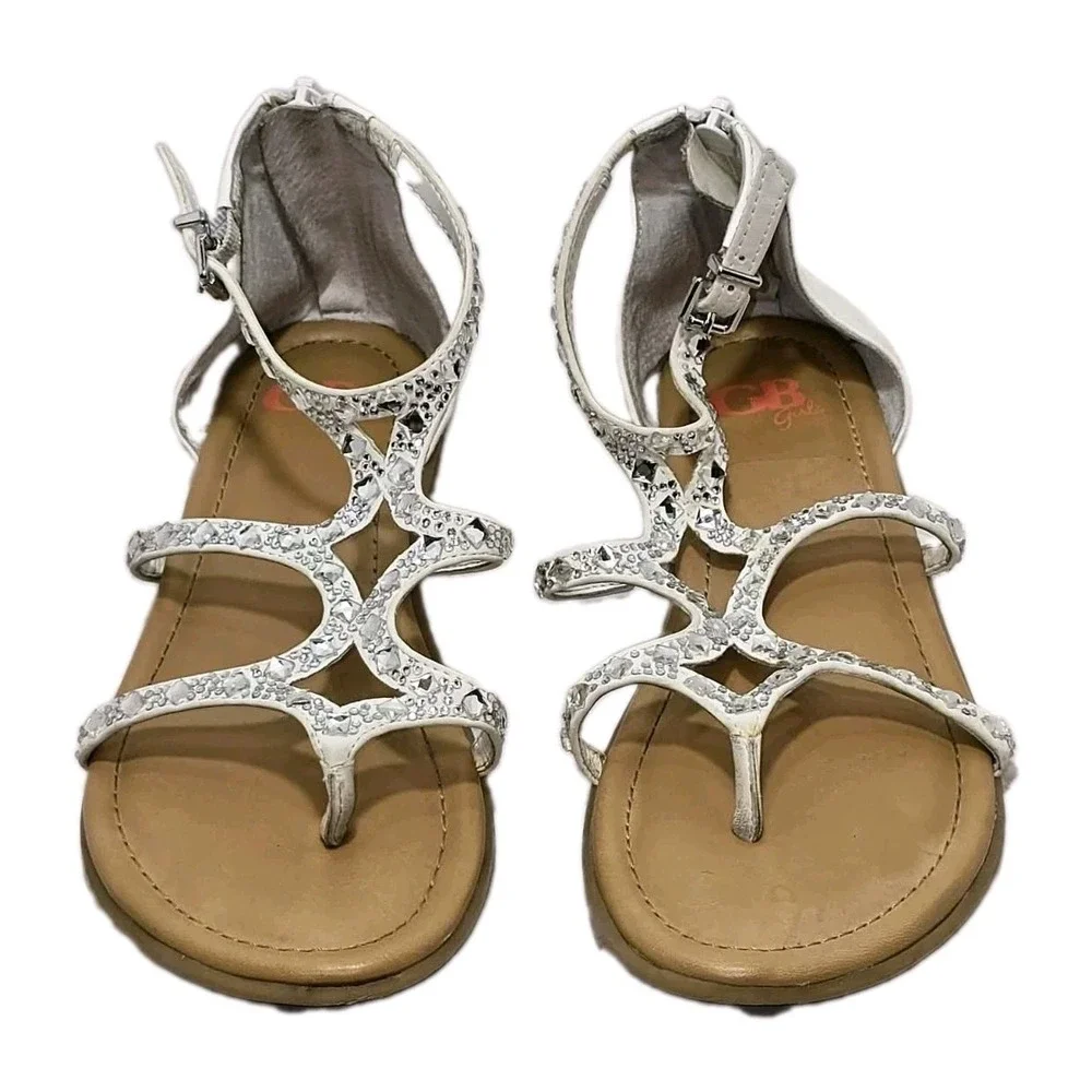 GB Girls Xephy White Rhinestone Gladiator Thong Sandals Sz 3 Back Zip GUC